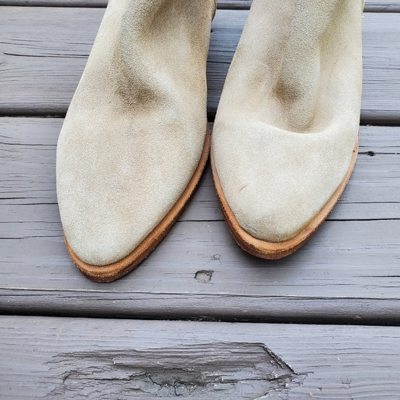 Free People Charm Camel Tan Suede Leather Pointed Toe Chunky Ankle Boots Booties - Picture 6 of 9